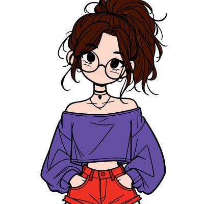 girl with a messy ponytail glasses a baggy crop top and jean shorts