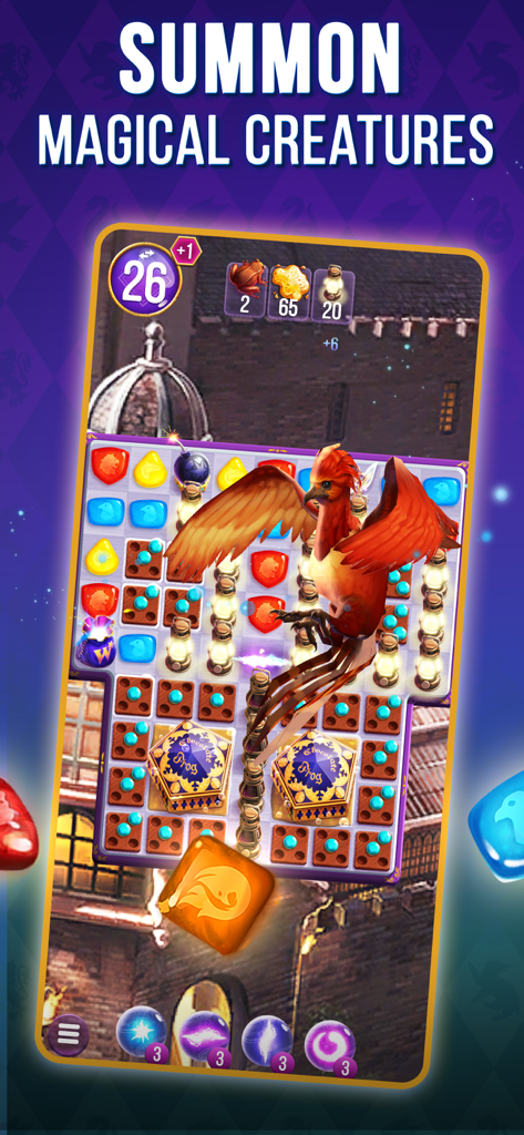 Harry Potter Puzzles and Spells gameplay showing a phoenix creature being summoned over a puzzle board