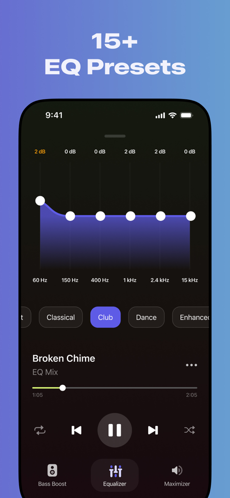 Mobile app interface displaying sound equalizer presets and a frequency adjustment curve