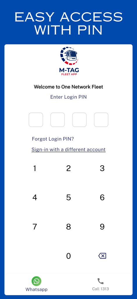 M-TAG Fleet - M-TAG Fleet app login screen showing a numeric PIN entry pad for secure access