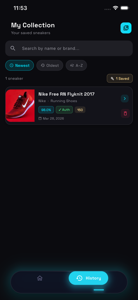 Interface of the Sneaker Scanner app showing the My Collection screen with a saved Nike Free RN Flyknit shoe