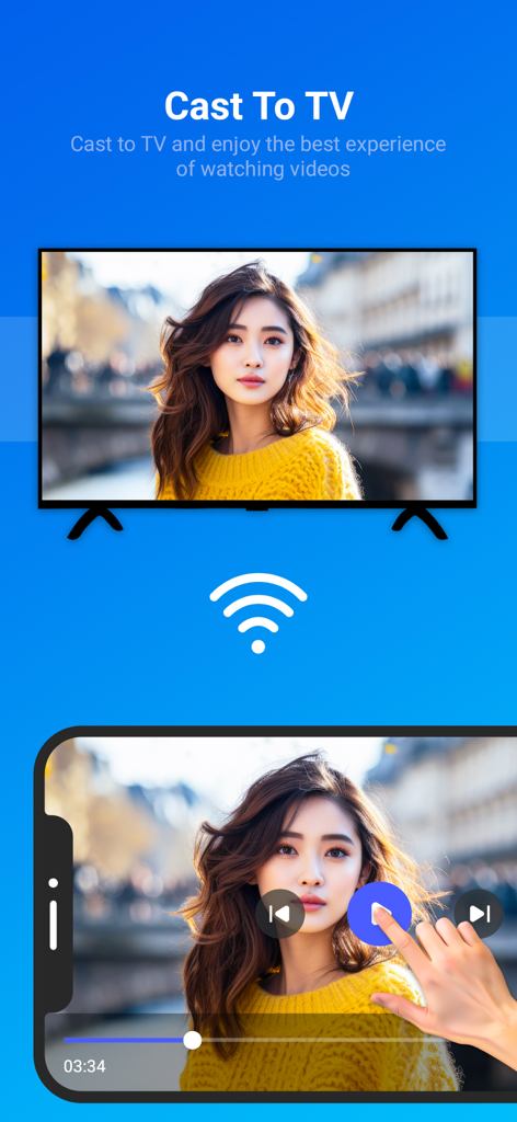 CastPlay - Cast to TV - Duplicación de pantalla de iPhone a TV: la pantalla de un iPhone transmitiendo una foto a un televisor inteligente usando la aplicación CastPlay