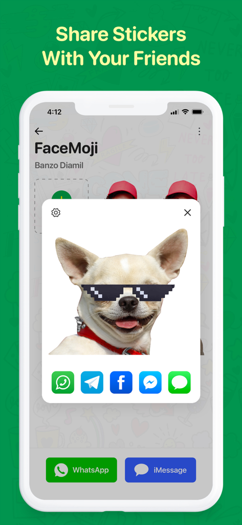 WaSticker - Sticker Maker - WaSticker app interface displaying a custom dog sticker with sunglasses and buttons to share on WhatsApp and iMessage