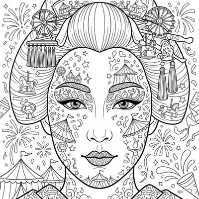 Experience a truly unique artistic fusion with this captivating Geisha makeup coloring page, intricately adorned with vibrant carnival themes. Unleash your creativity as you bring to life circus tents, carousel horses, and festive fireworks on this stunning canvas.