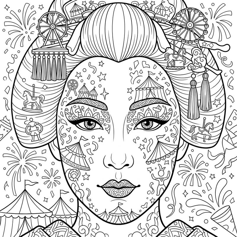 Experience a truly unique artistic fusion with this captivating Geisha makeup coloring page, intricately adorned with vibrant carnival themes. Unleash your creativity as you bring to life circus tents, carousel horses, and festive fireworks on this stunning canvas.