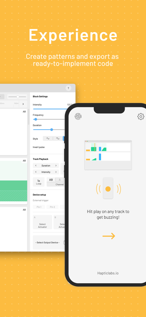 Hapticlabs: Haptic design - Interface of Hapticlabs showing haptic pattern creation on desktop and real-time playback on mobile