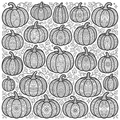Unleash your creativity with this stunning collection of intricate mini pumpkins, designed specifically for adult colorists. Each pumpkin boasts unique, elaborate patterns set against a delicate backdrop of autumn leaves, promising hours of relaxing artistic enjoyment.