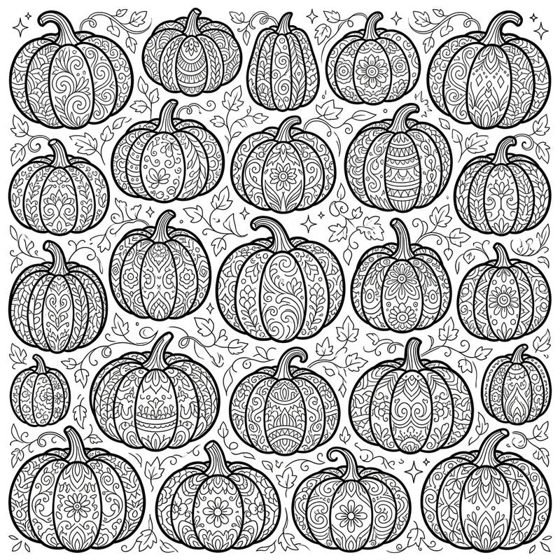 Unleash your creativity with this stunning collection of intricate mini pumpkins, designed specifically for adult colorists. Each pumpkin boasts unique, elaborate patterns set against a delicate backdrop of autumn leaves, promising hours of relaxing artistic enjoyment.