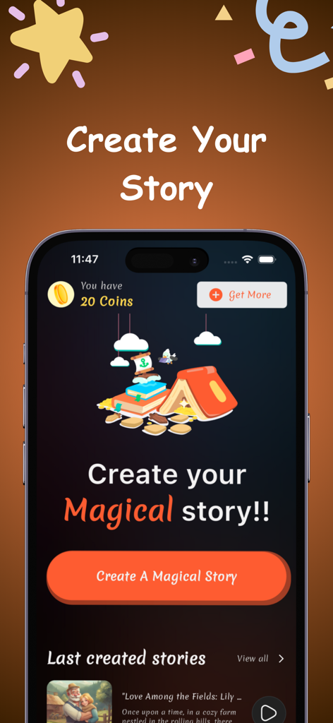 Dreamland: Create Kids Stories - A tela inicial do aplicativo Dreamland para crianças com um botão Criar Uma História Mágica e uma ilustração colorida de um livro pop-up