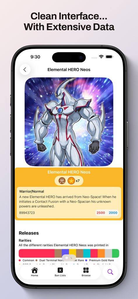 SKC: Yugioh Database - 엘리멘탈 히어로 네오스 카드의 상세 정보 및 희귀도 목록을 보여주는 모바일 앱 인터페이스