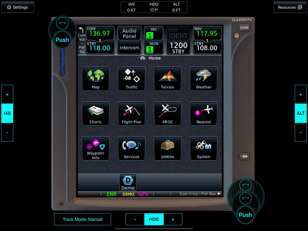 Main menu of the Garmin GTN Trainer app on iPad showing aviation navigation icons and flight status data