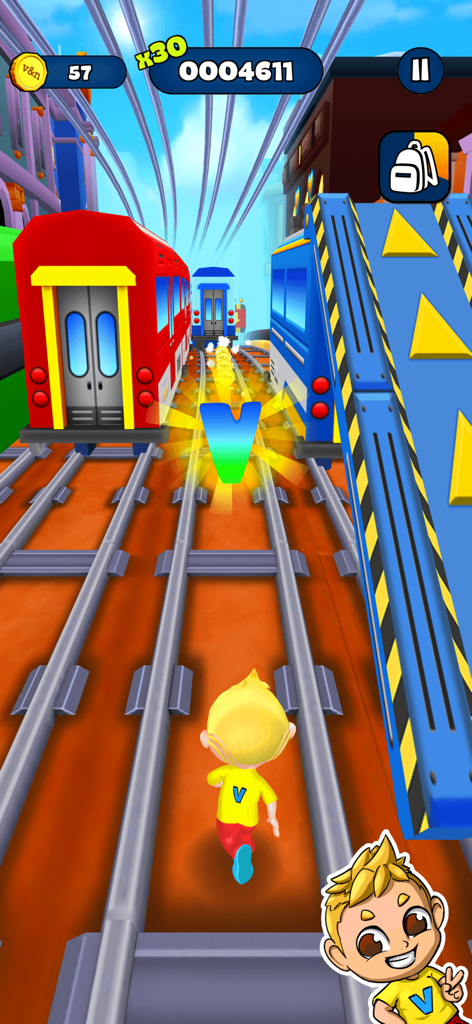 Personaje de Vlad y Niki corriendo en vías de metro entre trenes coloridos recogiendo objetos