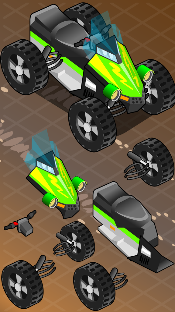 Car Puzzles Drag & Drop - A green and yellow quad bike puzzle showing the vehicle parts and the completed model for kids to assemble.