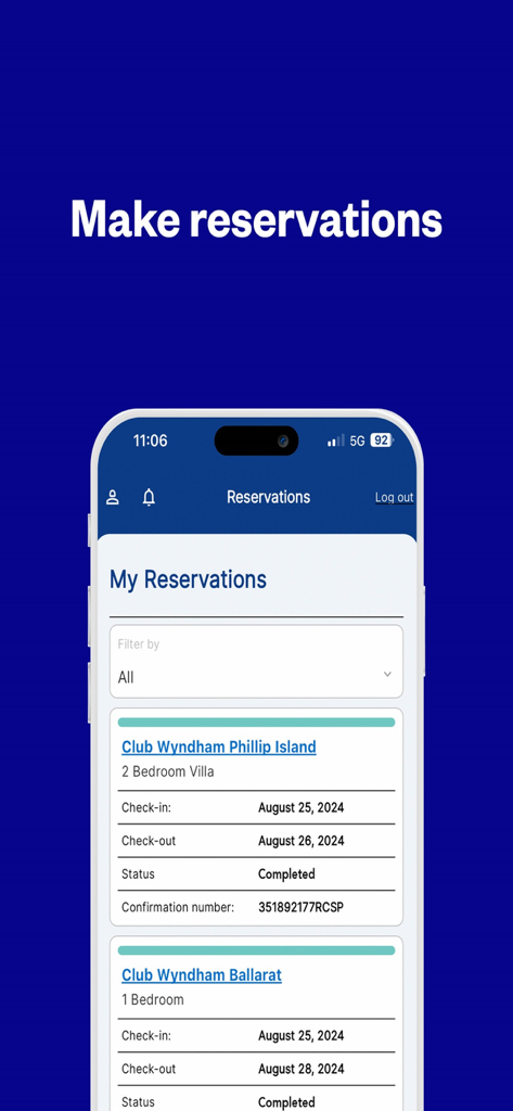 Interfaz de la aplicación móvil que muestra las reservas de resort completadas con fechas de check-in y check-out