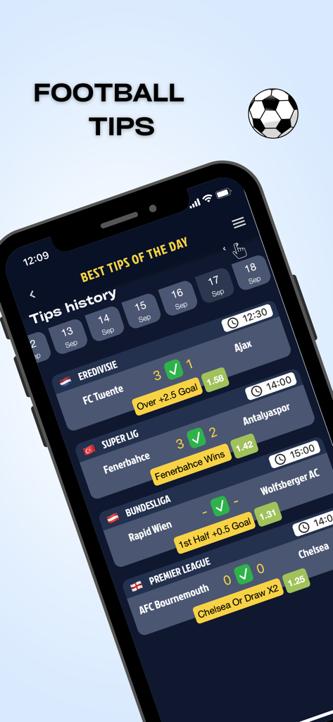 Smartphone screen of Bet On Air app showing daily football betting tips and predictions.