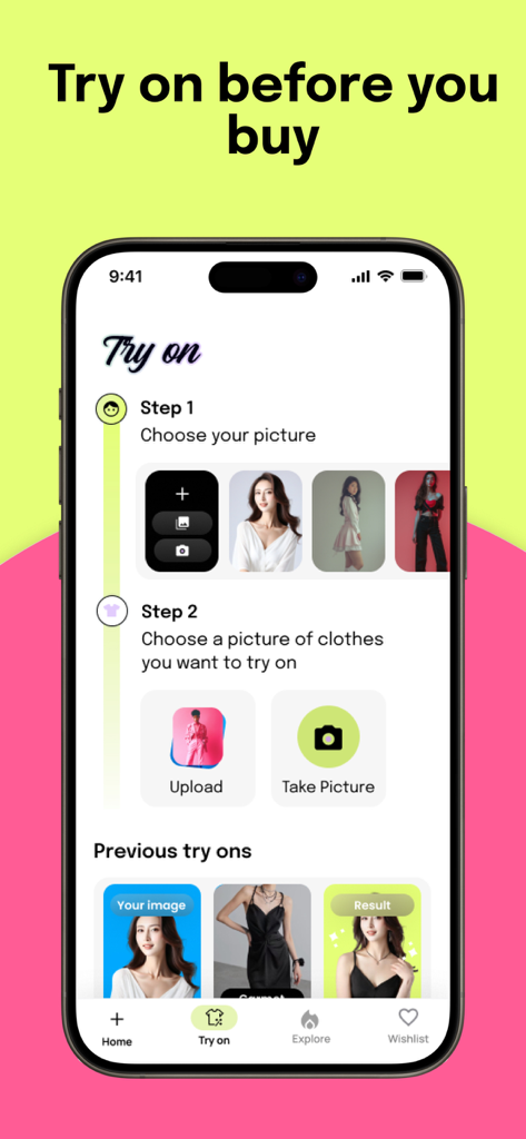 Screenshop - Clothes Finder - Screenshop mobile app interface demonstrating a two-step virtual try-on process for clothing.
