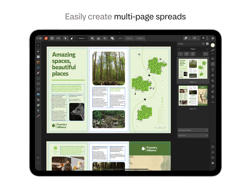 Interfaccia di Affinity Publisher 2 per iPad che visualizza un design di brochure professionale con una panoramica di pagine multiple.