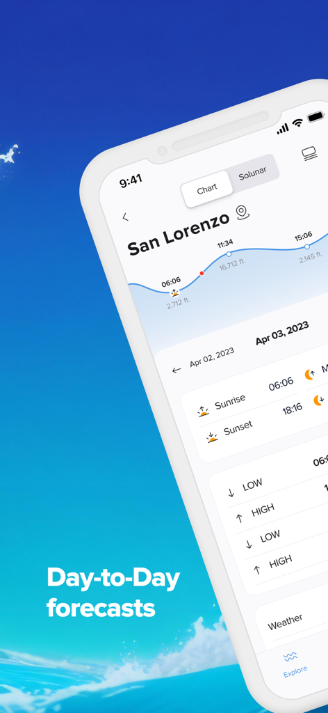 Interface of NOAA Tide Chart Pro showing daily tide predictions and solar data for San Lorenzo