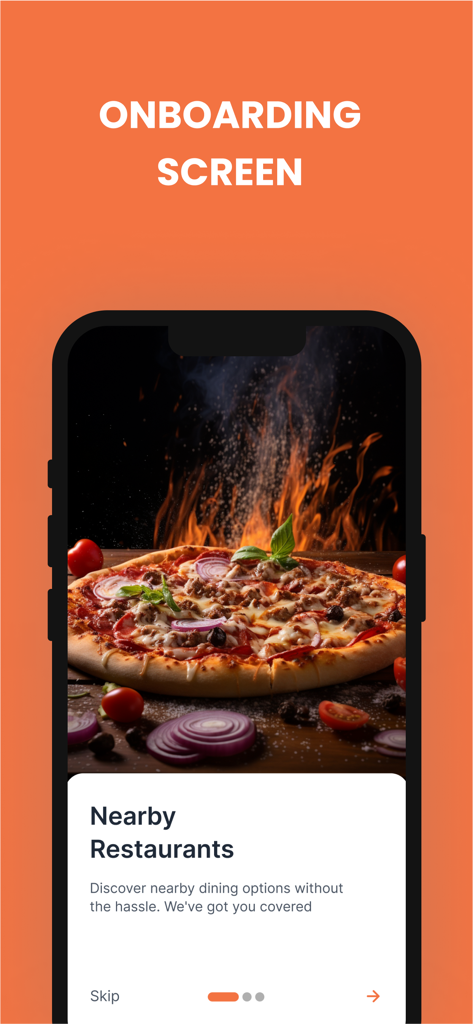 Catch-App-Onboarding-Bildschirm zeigt die Funktion für nahegelegene Restaurants mit einem köstlichen Pizzabild.