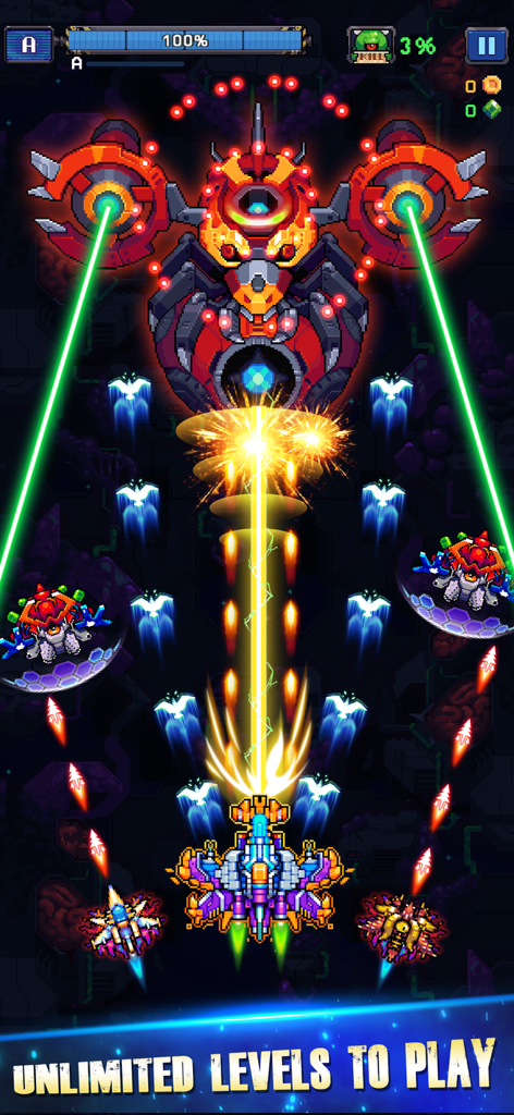 Pixel art space shooter gameplay with a large boss and laser attacks