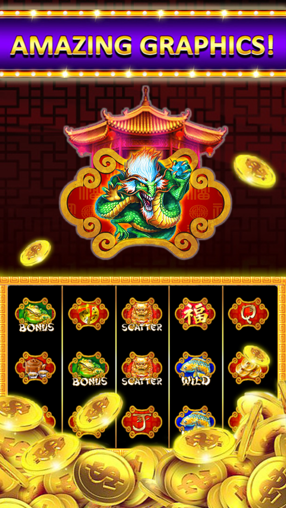 Dragon Slots casino game interface with a green dragon and gold coins.