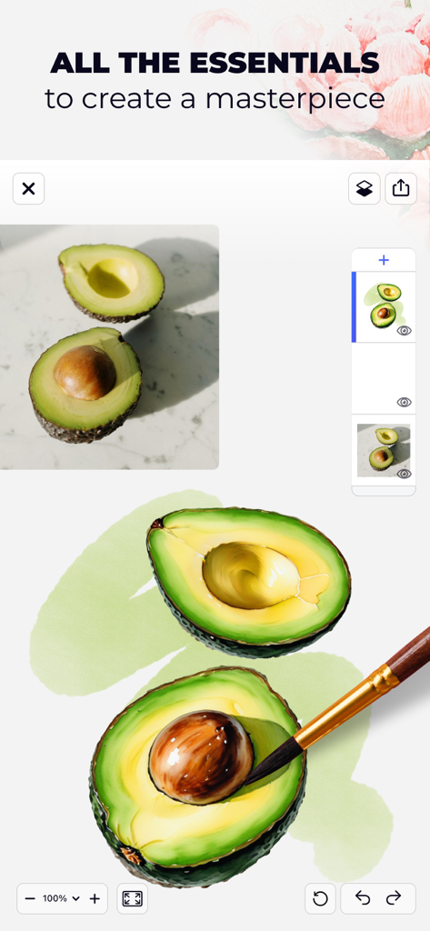 Pocket Sketchbook - Drawing - Pintura digital de un aguacate en la aplicación Pocket Sketchbook que muestra capas y herramientas de dibujo.