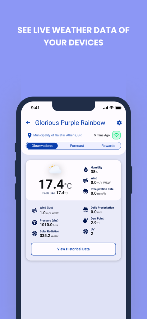 WeatherXM - Interface do aplicativo WeatherXM mostrando dados meteorológicos locais ao vivo, incluindo temperatura, umidade e velocidade do vento