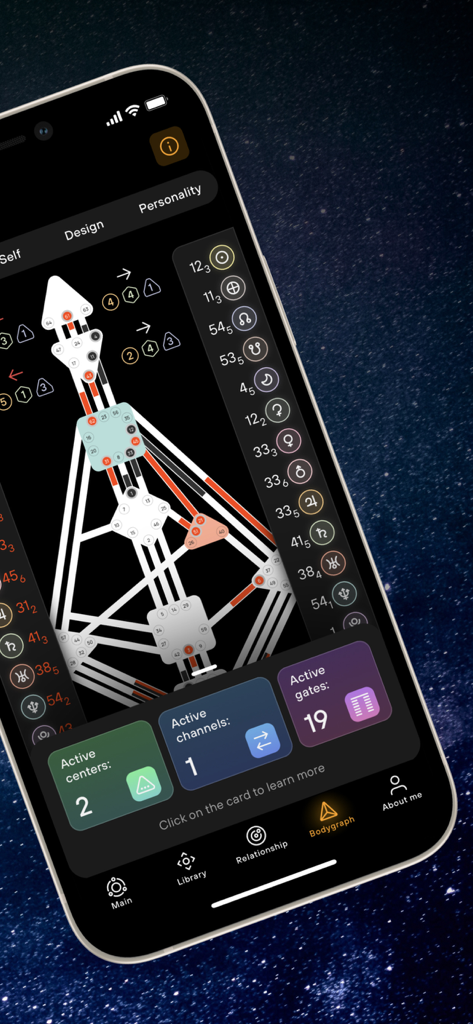 Humanify - Human Design - A mobile phone screen showing a detailed Human Design Bodygraph in the Humanify app