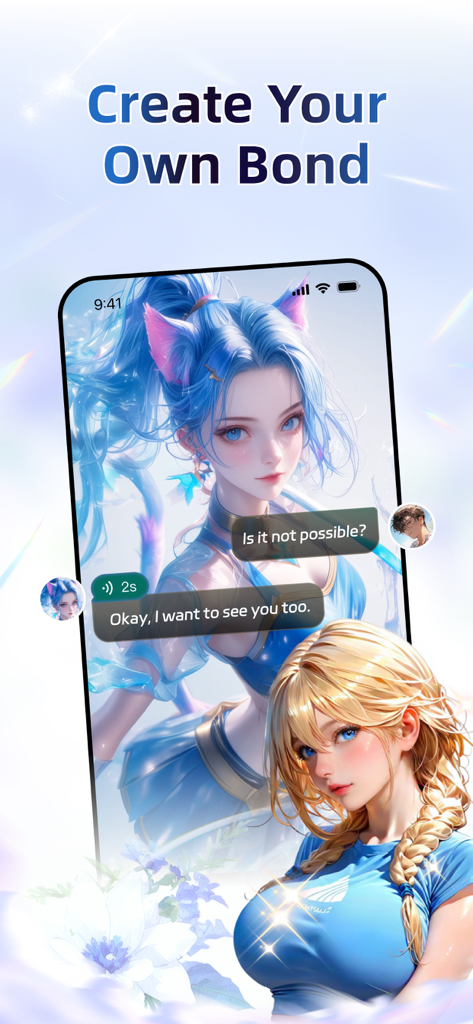MiloMate-Talk with AI Roles - Screenshot of MiloMate app showing a chat interface with an anime character and the text Create Your Own Bond.
