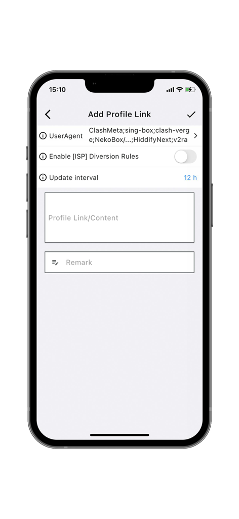 Karing - Interfaz para agregar un enlace de perfil en Karing con opciones avanzadas de configuración de proxy.