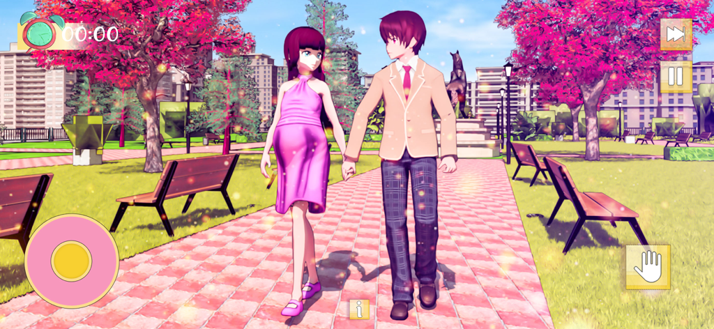 Pregnant Mom & Baby Anime Game - Uma mulher grávida em estilo anime caminhando em um parque com seu marido