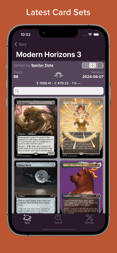 La aplicación Scry MTG mostrando cartas e información de lanzamiento del set Modern Horizons 3.