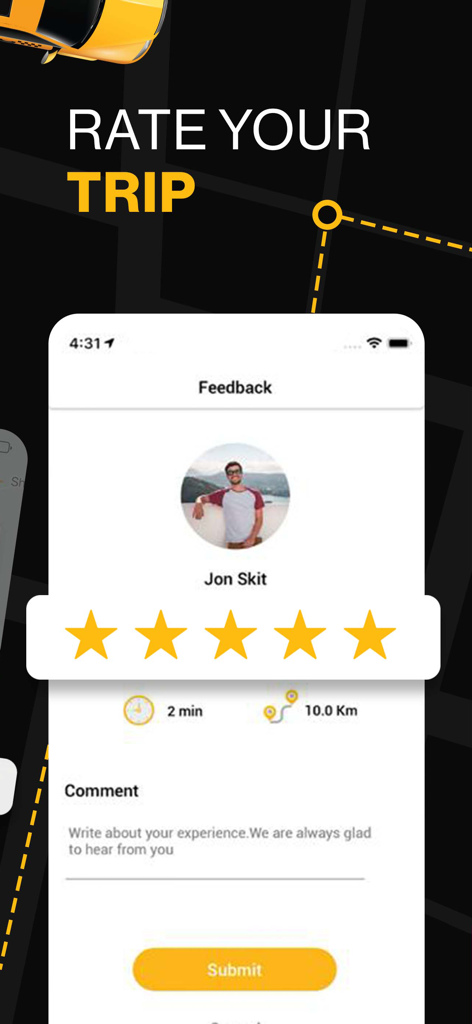 Speed Taxi Albania - Speed Taxi Albania app interface for rating a trip and providing driver feedback with a 5 star system