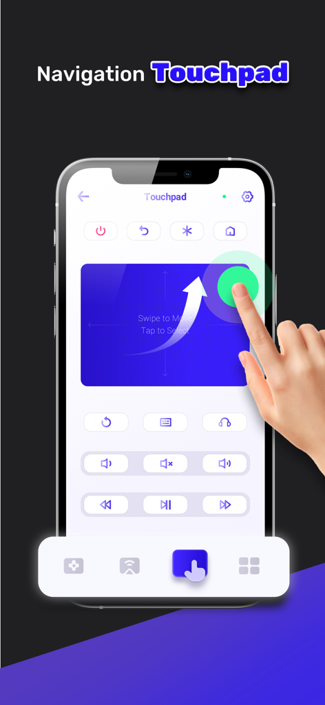 Smart TV Remote App for RK - iPhone screen showing the navigation touchpad interface of the Smart TV Remote App for RK with a hand swiping to control the TV
