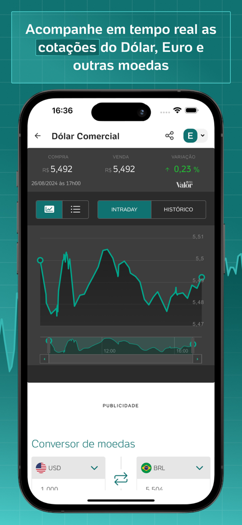 Interface do aplicativo UOL Cotações mostrando um gráfico da taxa de câmbio comercial do dólar em tempo real e conversor de moeda.