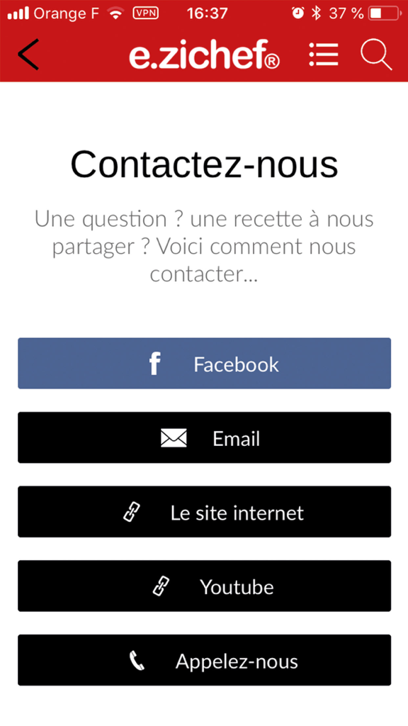 e.zichef - Page de contact de l'application ezichef montrant des boutons pour Facebook, e-mail, site web, YouTube et assistance téléphonique