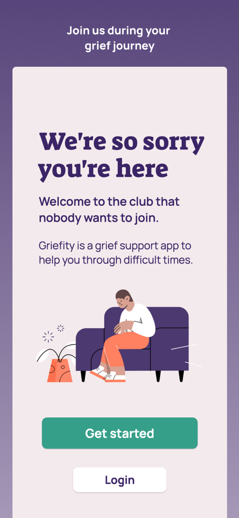 Griefity: Grief Support - Pantalla de bienvenida de la app Griefity con mensaje de apoyo e ilustración de una persona en un sofá