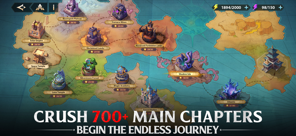 Strategic world map in Infinite Magicraid featuring various fantasy regions and over 700 main campaign chapters.