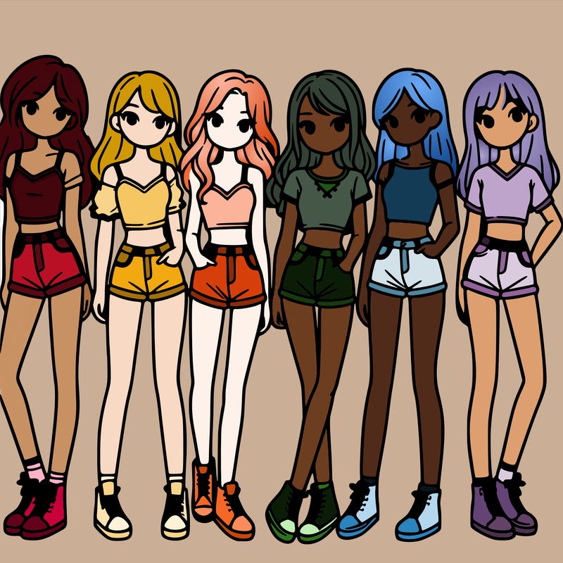a group of girls wearing crop tops and shorts