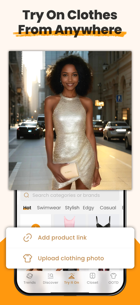 AI virtual try on feature in the DLOOK fashion stylist app showing a woman in a gold dress