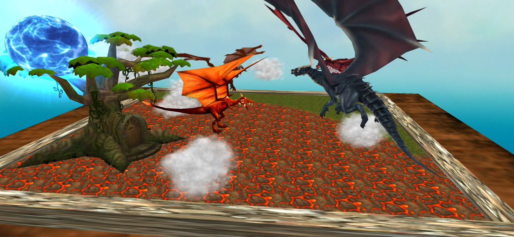 Digitales Sandspiel mit Fantasy-Drachen auf einem Lavafußboden für virtuelle Spieltherapie