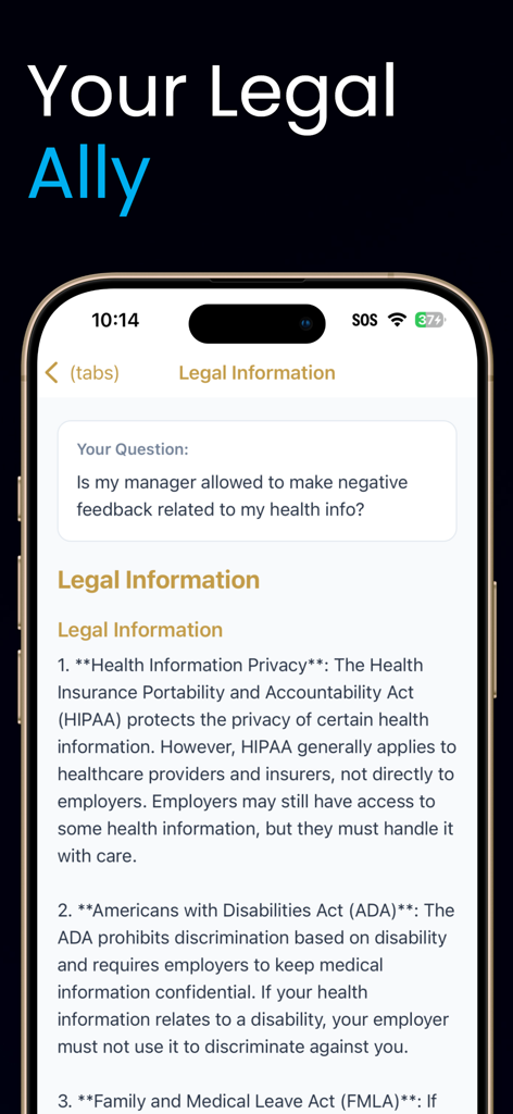 My AI Lawyer - A mobile interface of the My AI Lawyer app explaining legal information regarding workplace health privacy and the Americans with Disabilities Act.