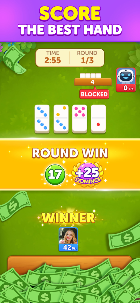 Dominos Cash - Win Real Prizes - A screenshot of the Dominos Cash app showing a round victory and winner profile surrounded by cash graphics