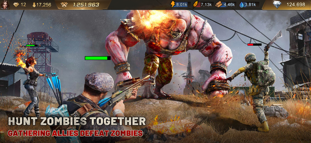 A group of survivors using a crossbow and explosives to hunt a giant mutated zombie in a post-apocalyptic setting.