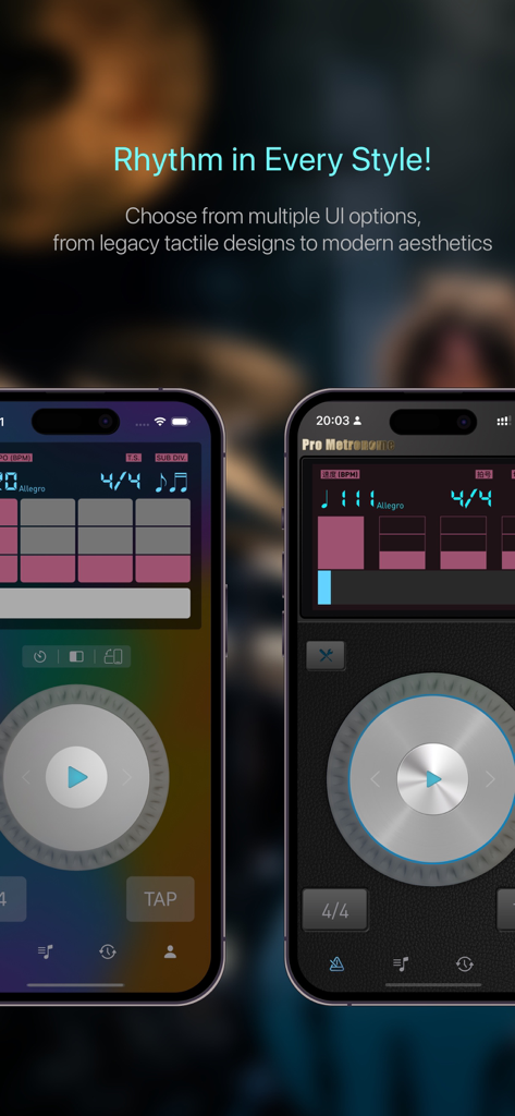 Pro Metronome - Tempo & Tuner - Pro Metronome 앱이 현대적이고 레거시 사용자 인터페이스 디자인을 보여줍니다.