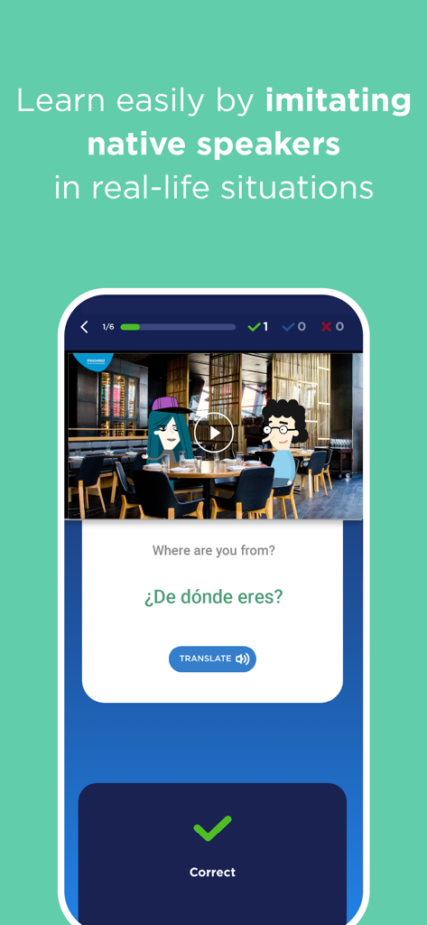 Interfaz de la aplicación Mooveez que muestra una lección de video interactiva donde los usuarios aprenden español imitando a hablantes nativos en un entorno de restaurante