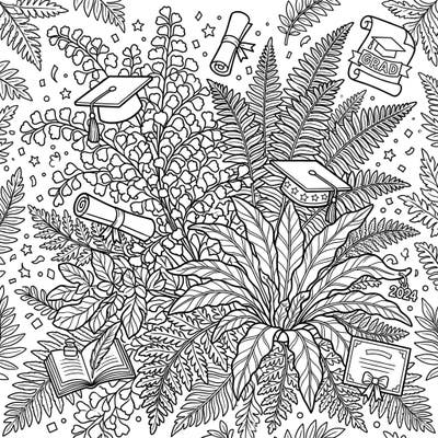 Immerse yourself in a beautiful blend of nature and achievement with this unique coloring page. Delicate indoor ferns provide a lush backdrop for festive graduation symbols, perfect for celebrating milestones.