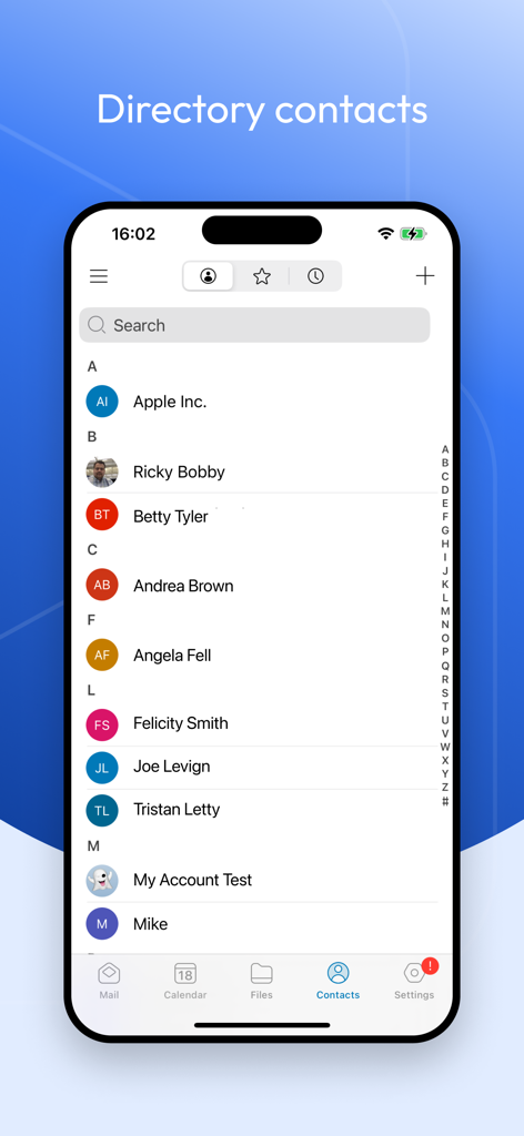 Boxer - Workspace ONE - Directory contacts list screen in the Boxer Workspace ONE business app