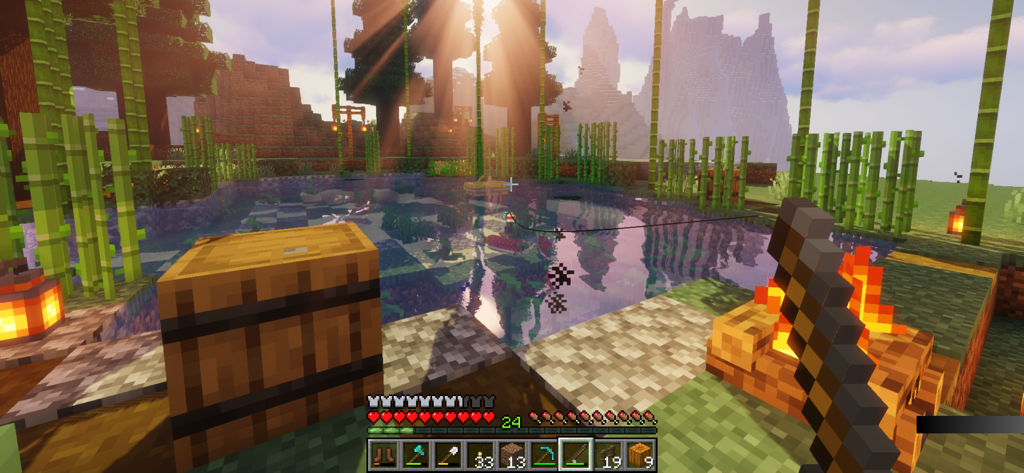 Realistic Minecraft gameplay showing sunlight reflecting off water with high-definition shaders
