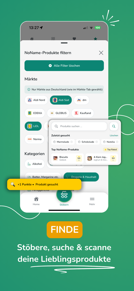 MarkenDetektive App-Oberfläche mit Filtern für Geschäfte und Kategorien zum Auffinden von generischen Produktalternativen